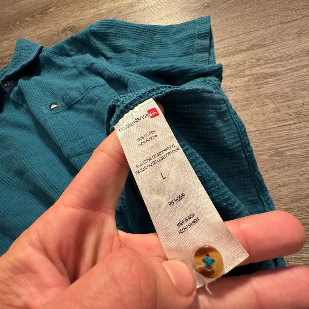 Quiksilver Shirt Mens Large Blue Thermal‎ Knit Short Sleeve Button Up Pocket